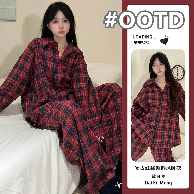 2025春秋新款复古风红格睡衣女款高级感休闲时髦舒适家居服两件套