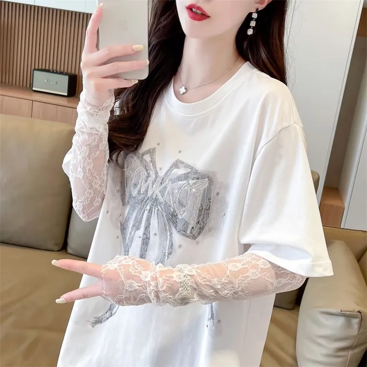蝴蝶结拼接袖小众休闲假两件2025新款T恤女蕾丝拼接宽松上衣潮 