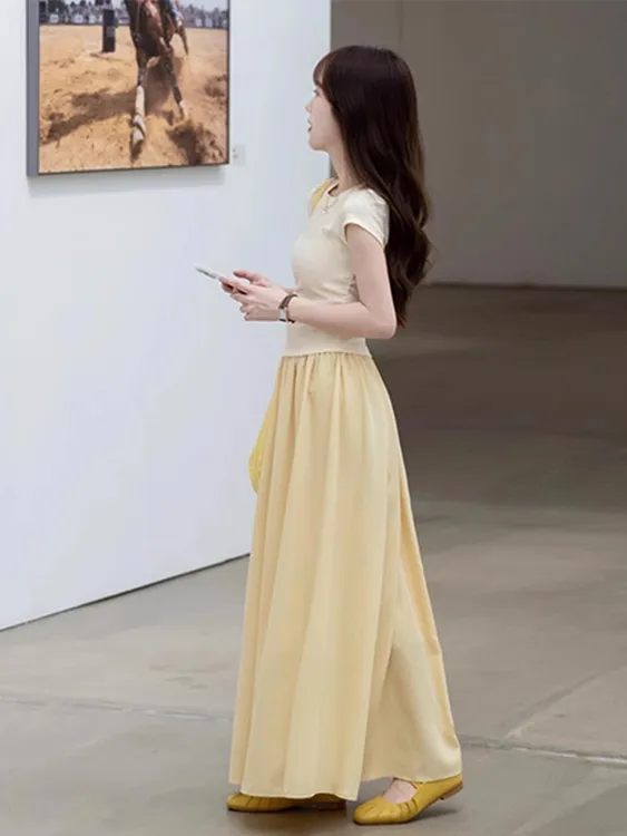 茶系穿搭一整套夏季女装2025温柔系炸街青春活力套装黄色连衣裙子