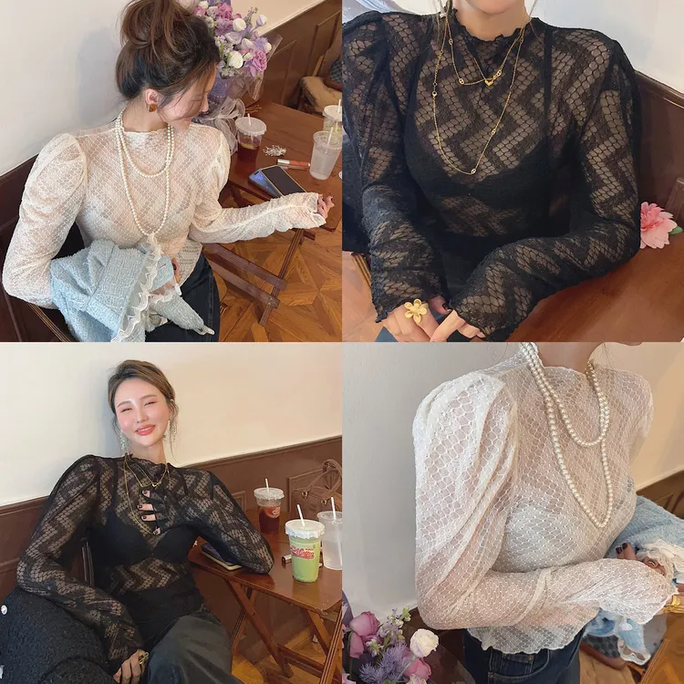 智英欧尼 打底衫~【蕾丝打底镂空小衫圆领性感长袖搭配高弹力内搭】