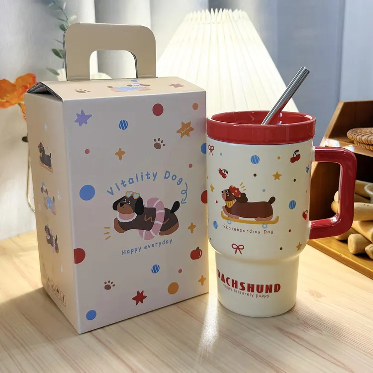 范哲萨腊肠小狗马克杯带盖吸管杯陶瓷杯子女生水杯卡通大容量家用