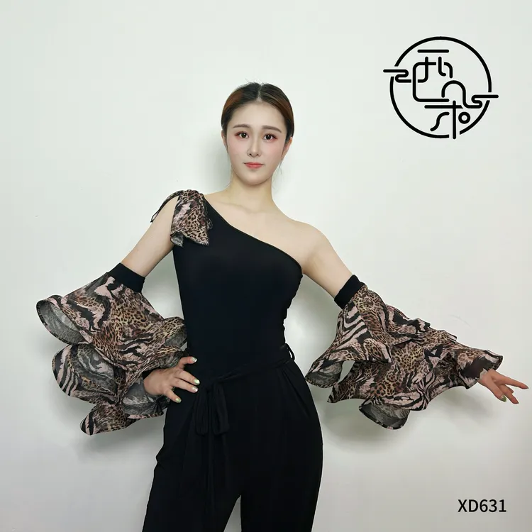 西朵舞服豹纹波点三层蛋糕袖斜肩新品摩登舞练功服上衣XD631