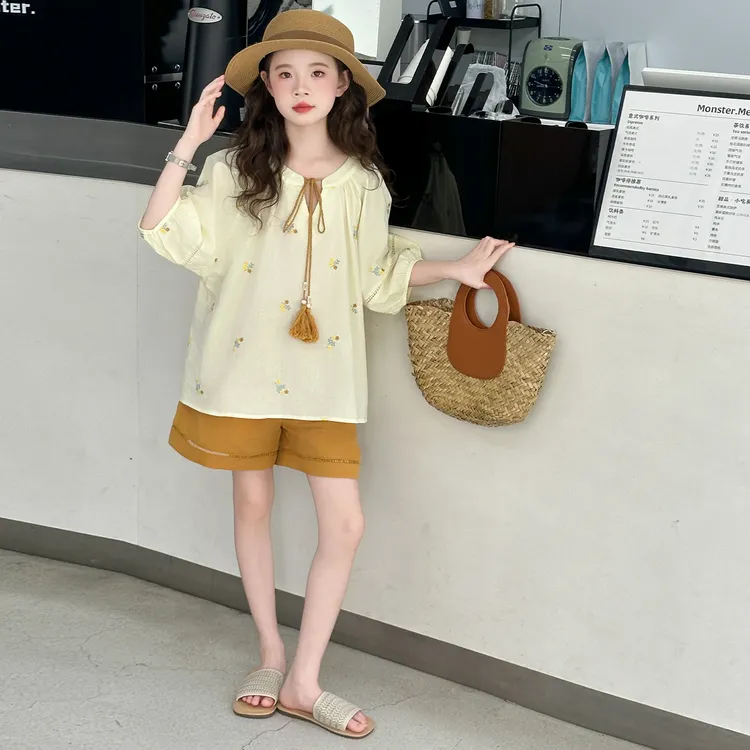女童夏装套装小女孩6-12岁洋气时尚韩版甜美娃娃袖休闲短裤15岁潮