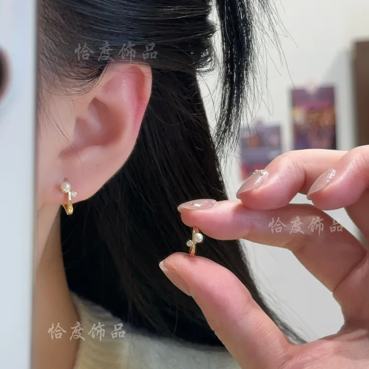铜合金仿珍珠耳饰 【恰度】金色精致小巧锆石珠珠耳扣