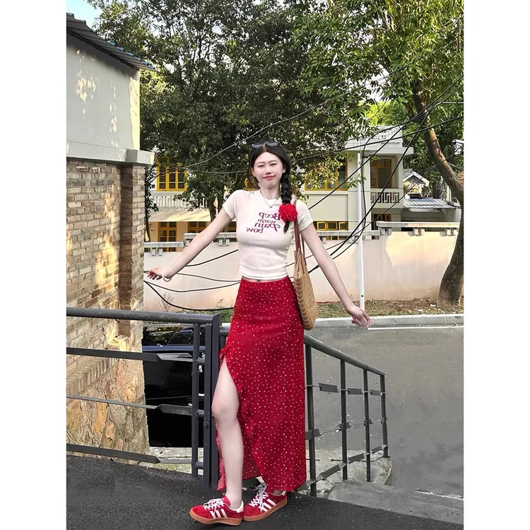 海边度假风套装女字母印花正肩短袖T恤夏季红色波点半身裙两件套