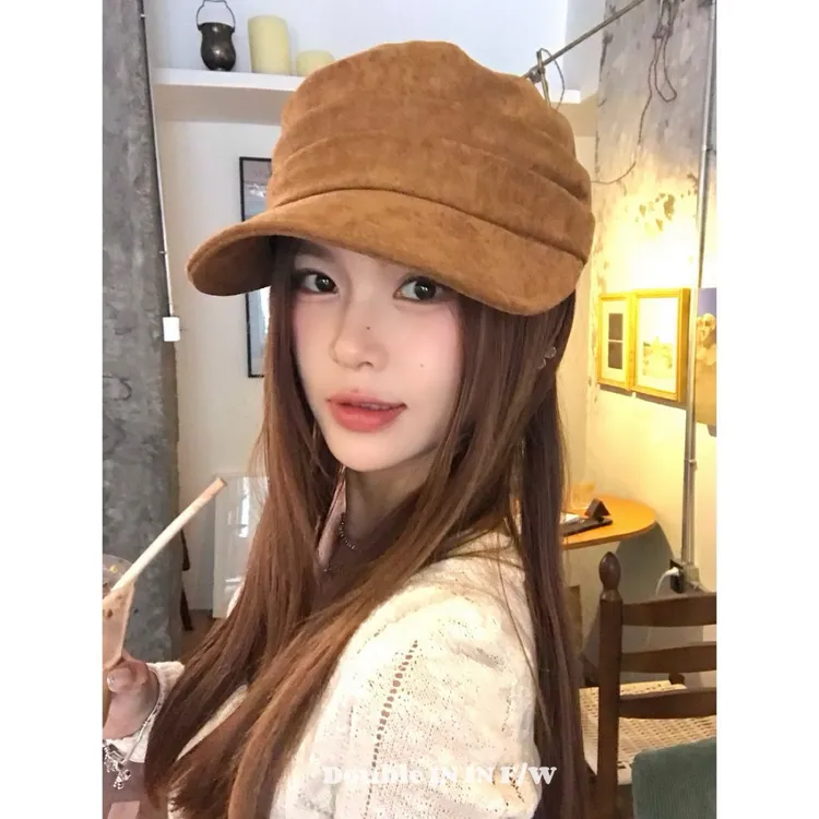 2025新款麂皮绒褶皱百搭报童帽女韩系显脸小休闲贝雷帽马术帽