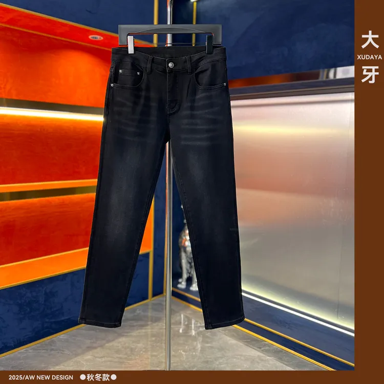 【大牙】203#黑灰色牛仔裤2025秋冬季商务休闲高端男士修身小直筒裤