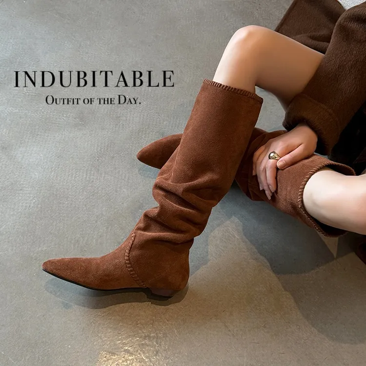 牛翻皮2cm复古及膝靴女鞋粗低跟不过膝长筒靴秋冬新款尖头骑士靴