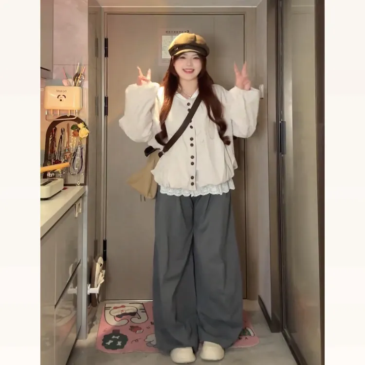 韩系外套蕾丝花边打底衫阔腿裤胖mm2025秋季款显瘦宽松套装