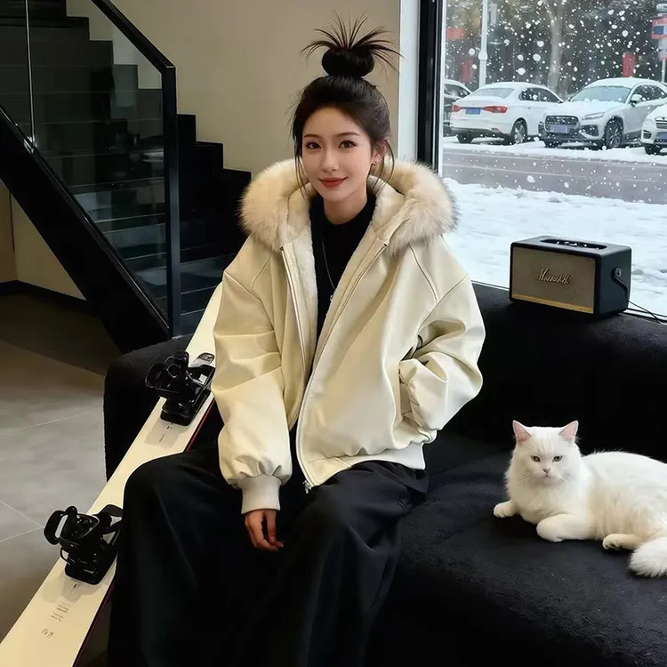 荔枝纹座山雕连帽棉衣男女冬季绒毛加厚情侣夹克棉服皮毛一体外套