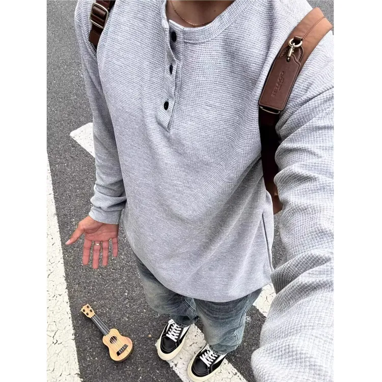 浅灰色长袖亨利领t恤男款春秋季华夫格卫衣美式运动内搭打底衫潮