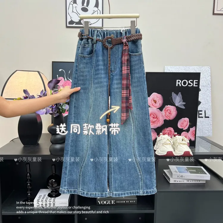 【送同款飘带~】2025秋款爆款女童波浪休闲直筒牛仔裤(不含腰带)