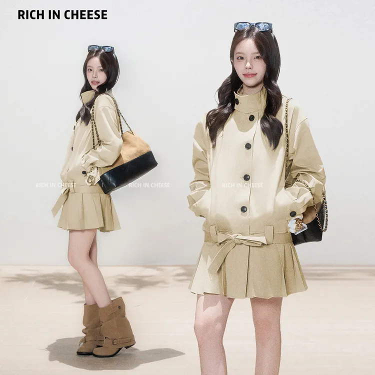 金川川 英伦秀场【少量现货】 高级感系带气质全棉立领风衣百褶外套