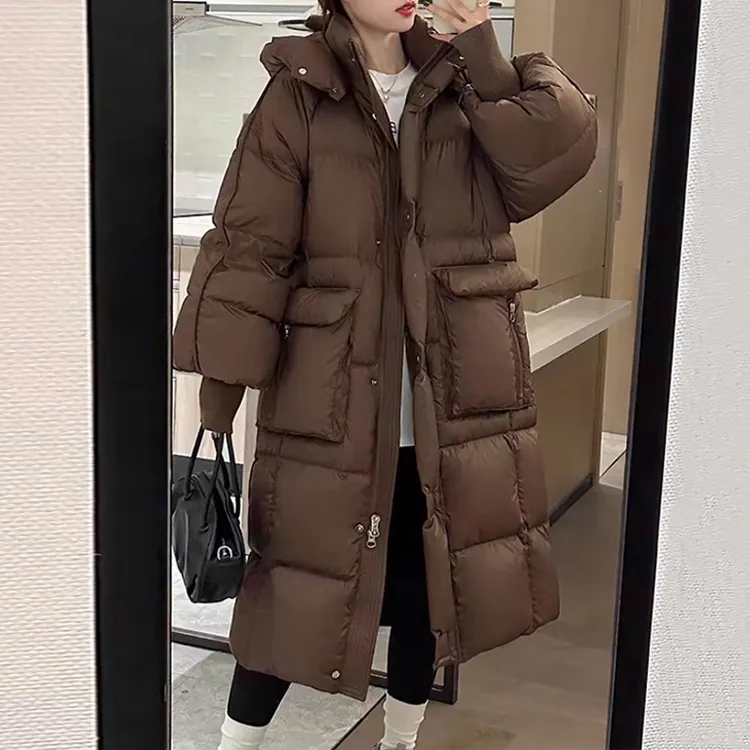 2025冬季宽松加厚泡芙感棉服长款过膝女连帽时尚反季外套