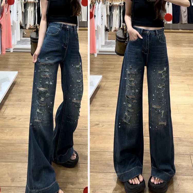 欧货贴布破洞烫钻牛仔裤女秋季新款宽松弹力显瘦垂感直筒微喇叭裤