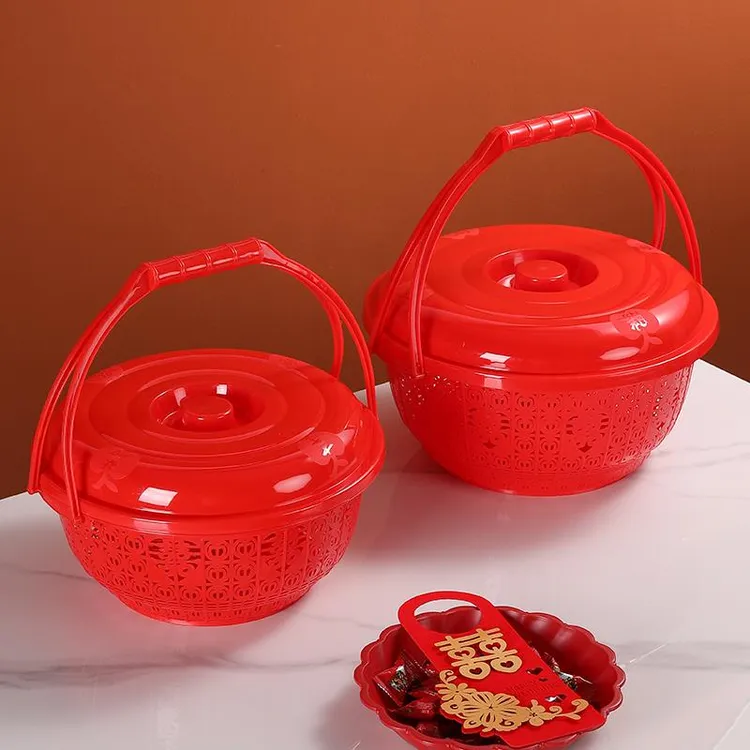 家用喜事塑料圆形带盖手提红篮子水果篮超市购物篮零食结婚收纳篮