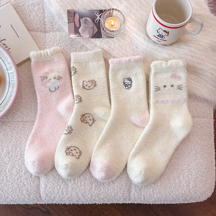 澳绒袜子女可爱卡通猫咪粉色中筒袜冬天甜美花边不掉毛保暖睡眠袜