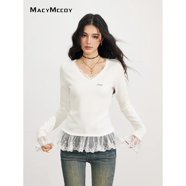 MacyMccoy V领蕾丝长袖T恤女秋冬设计感收腰显瘦单/叠穿正肩上衣