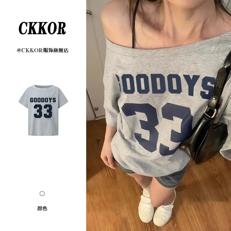 CKKOR一字领露肩短袖t恤女夏季新款美式潮牌印花宽松显瘦穿搭上衣