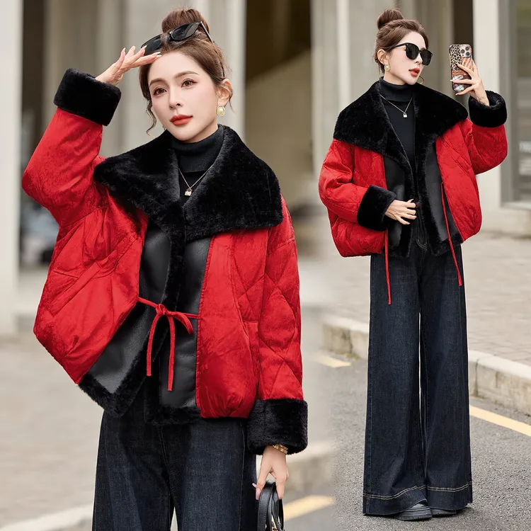 新中式国风羽绒服女2025冬季高端洋气皮毛一体白鸭绒新年红色外套