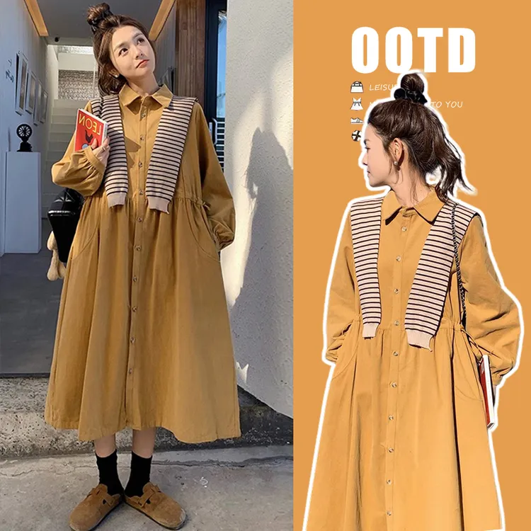 时髦孕妇装新款宽松法式桔梗茶歇披肩优质面料长款衬衫春秋连衣裙