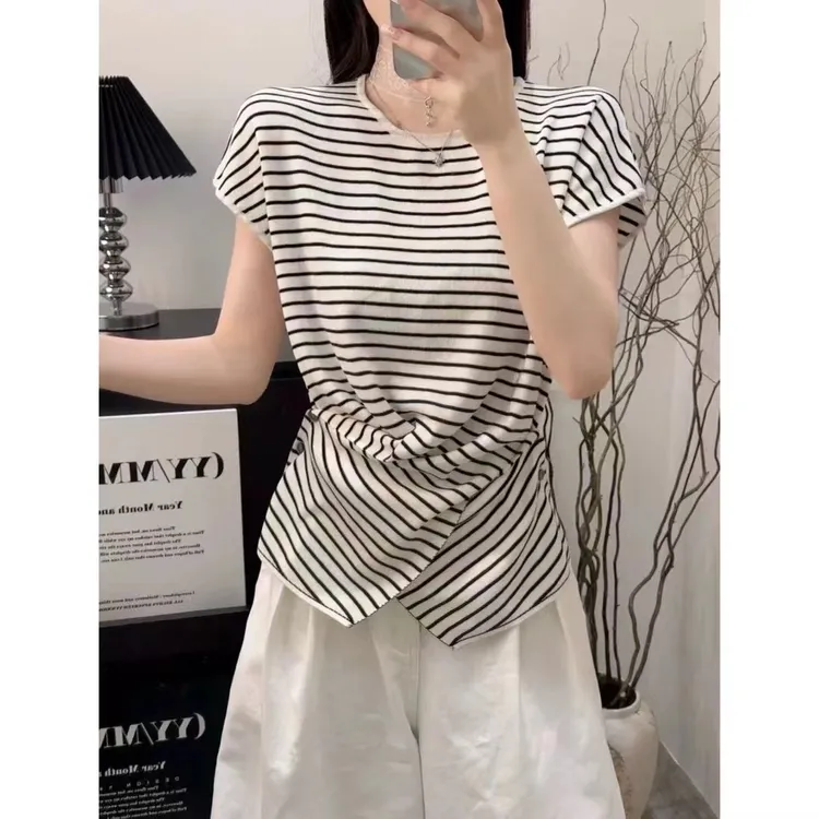 条纹时尚交叉设计小众上衣女装短袖针织短袖套头款毛针织衫夏季