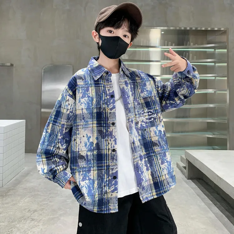 儿童装男童秋装格子衬衫2025新款春秋款中大童帅气秋季男孩衬衣潮