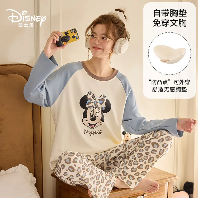 Disney/迪士尼秋冬季长袖带胸垫卡通大码印花舒适休闲家居服0189