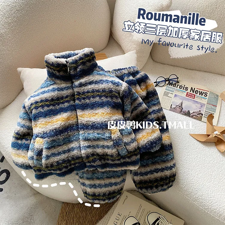 宝宝睡衣韩版冬装洋气男童三层加绒加厚家居服套装儿童保暖两件套