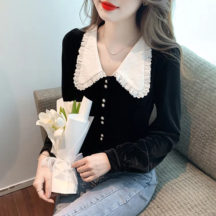 洋气漂亮娃娃领丝绒衬衫女2025秋装新款法式小衫修身短款长袖上衣