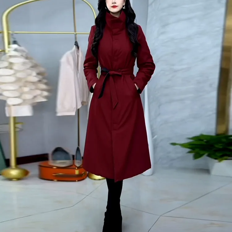红雅精纺夹棉双面穿中长款外套2025秋冬新款时尚百搭纯色加厚大衣