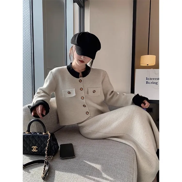 7502秋季小香风针织外套女名媛气质开叉半身裙a字高腰时尚洋气套