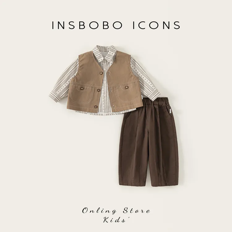 INSbobo儿童秋季套装纽扣装饰纯色马甲条纹衬衫简约休闲裤QT85113