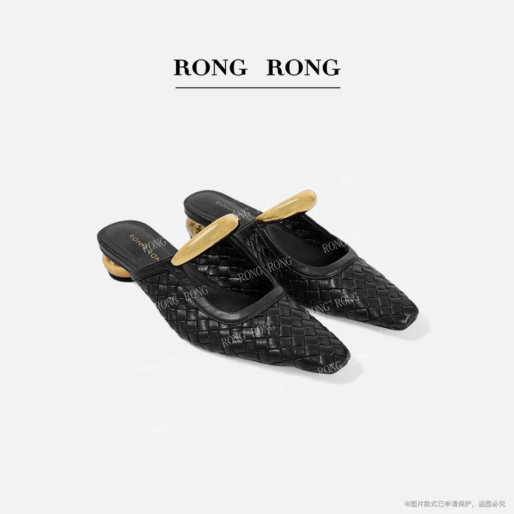 溶溶RONGRONG 羊皮全手工编织尖头带跟半拖鞋25168-66