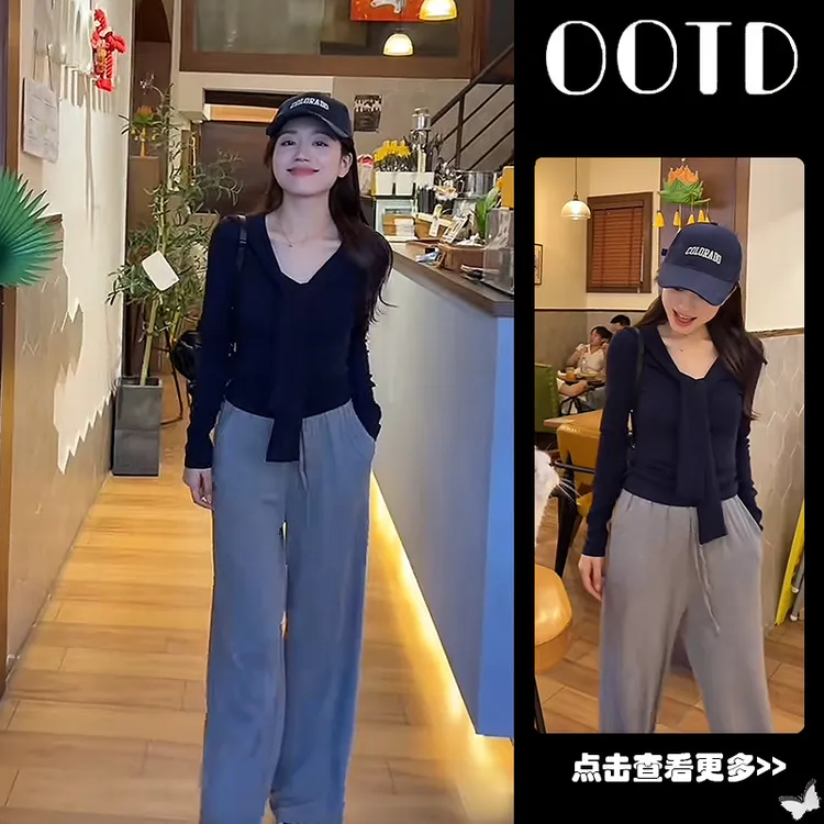 超火秋季穿搭一整套2025新款蝴蝶结系带长袖T恤显瘦休闲裤两件套