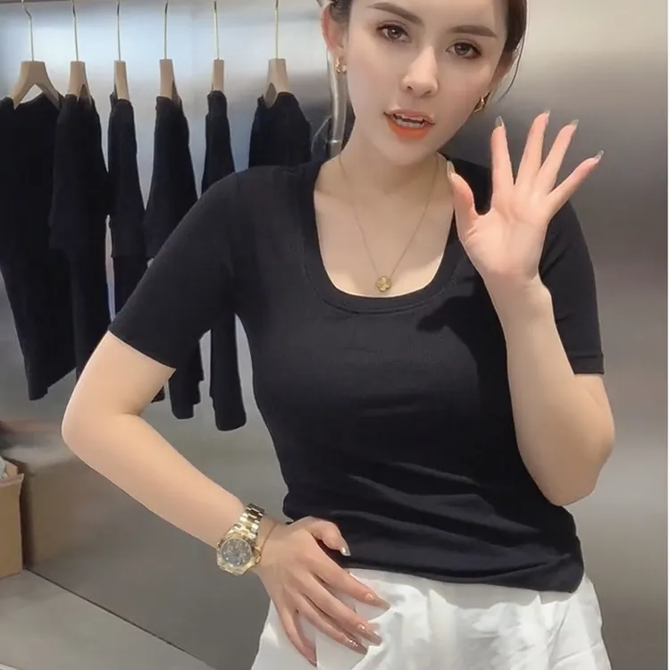 纯色U领正肩百搭短袖T恤女夏季洋气修身显瘦内搭圆领打底上衣黑色