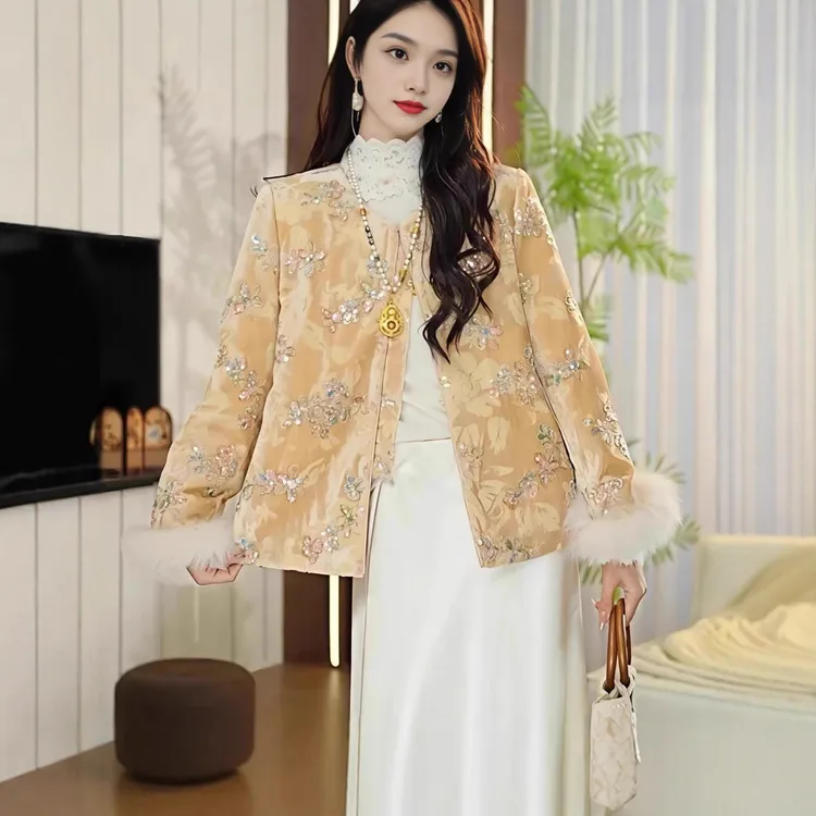 冬季新中式国风加棉加厚重工刺绣外套女时尚气质复古百搭保暖棉衣