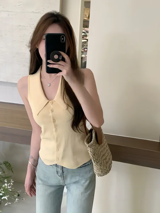 新款小众甜美复古法式清新纯欲老钱风针织衫无袖上衣女百搭气质