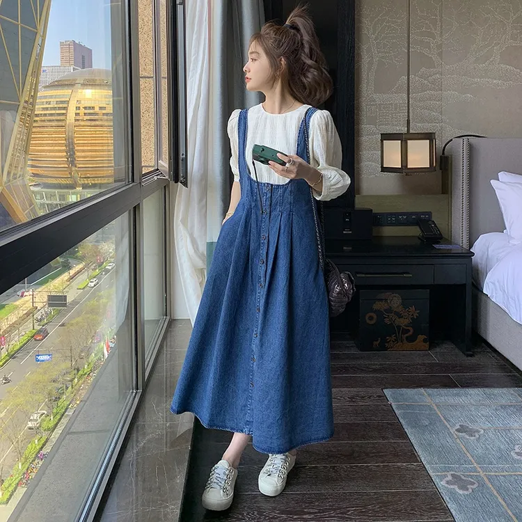 牛仔背带连衣裙夏季洋气复古裙子两件套女高腰a字长裙套装2025