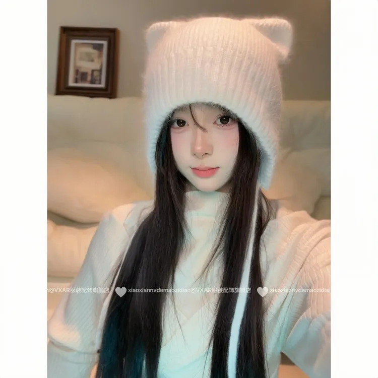 新款可爱猫耳兔毛针织帽护耳帽可爱耳朵毛线帽加厚保暖系带针织帽