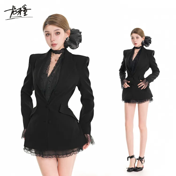 龙牙童推荐【蕾丝西装】法式轻奢蕾丝拼接西装外套收腰气质显瘦西装