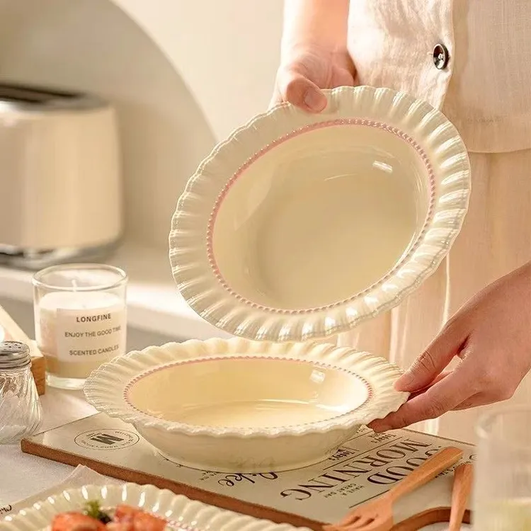 瓷县令8.5英寸粉黛折边圆盘2只装西餐盘意面盘家用酒店简约欧式