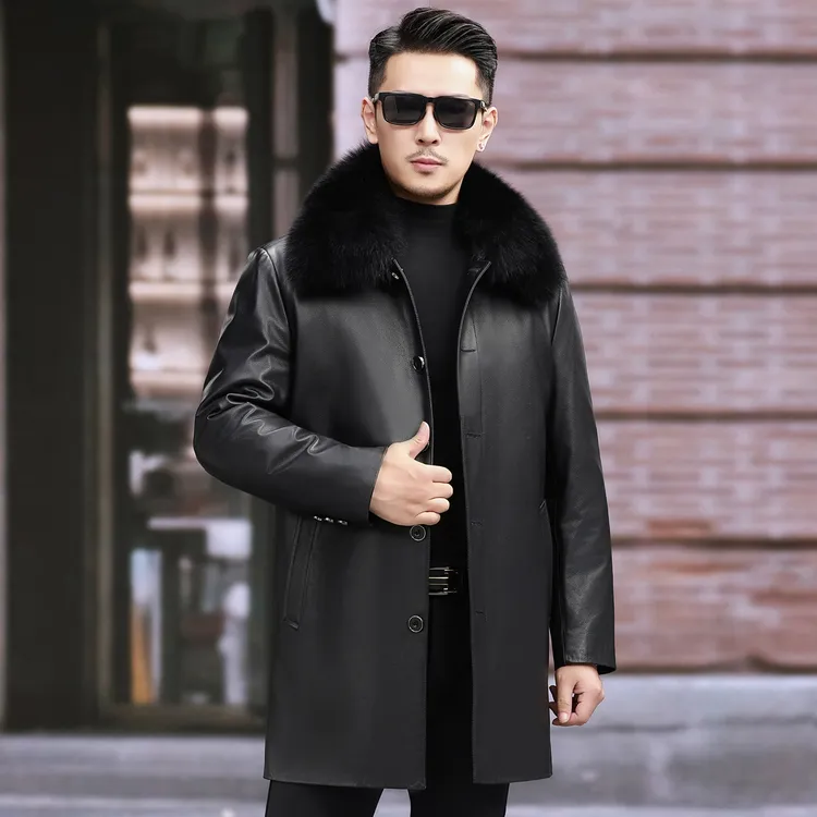 冬季海宁头层牛皮真皮皮衣男中老年爸爸装水貂内胆皮大衣夹克外套