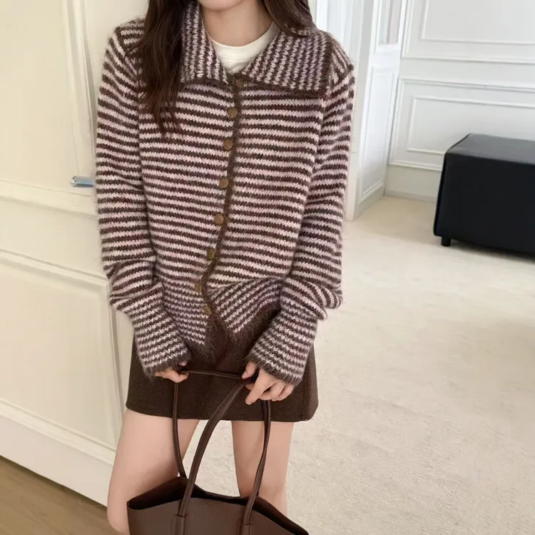 条纹翻领长袖基础款毛针织衫女装韩版毛衣百搭洋气短款时尚复古秋