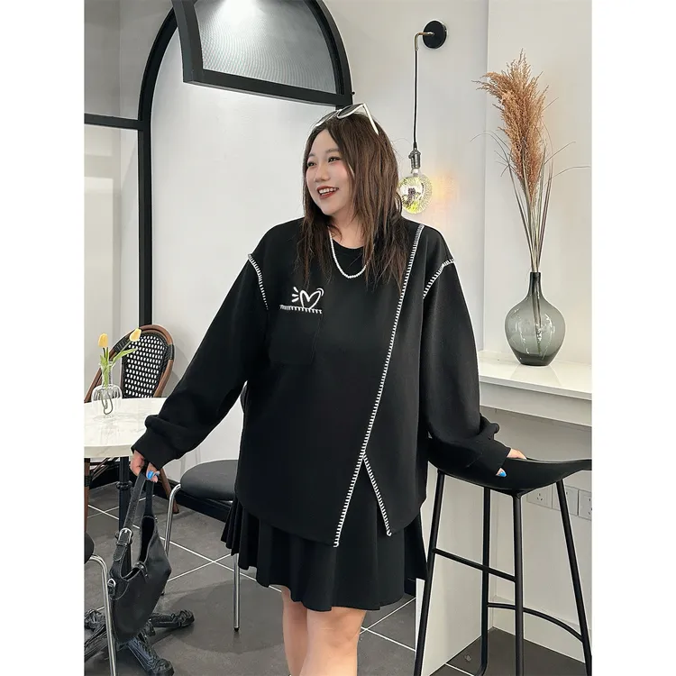 大码女装秋季宽松减龄花契200斤胖mm贝壳绣开叉不规则卫衣18358-H