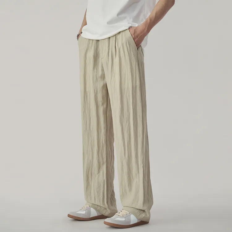 2025夏季新款亚麻潮牌休闲裤男宽松直筒透气垂顺拖地设计感长裤子