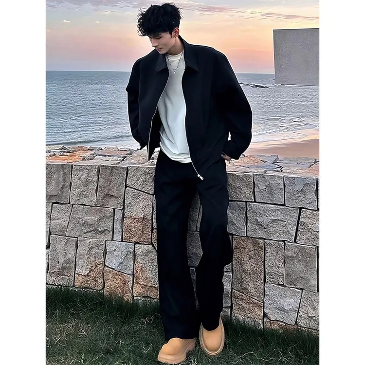 美式cleanfit黑色正肩外套男秋季潮牌高街棒球服短款翻领行政夹克