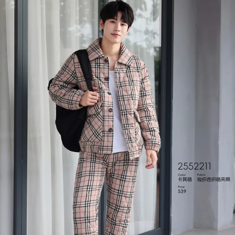 正品多拉美冬季情侣睡衣男士梭织夹棉纯棉加厚加绒格子棉布套装女