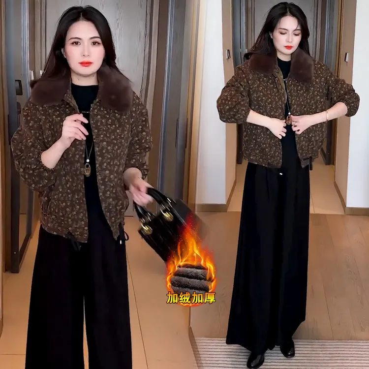 时尚加绒加厚碎花短外套女2025冬季新款洋气通勤小个子夹克外套潮