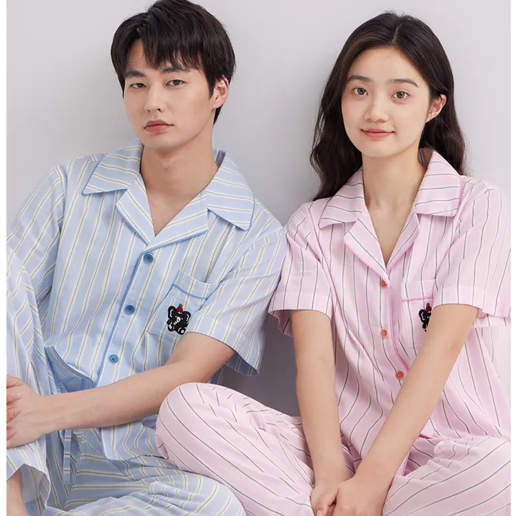 情侣睡衣女款春装纯棉纱布高级感短袖长裤男士休闲家居服两件套